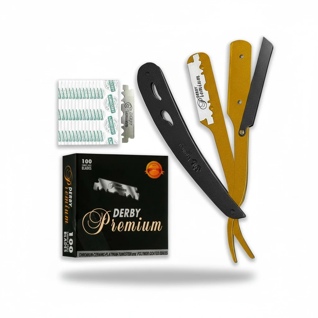 Equinox International, Professional Straight Edge Razor With 100 Single Derby Blades Stainless Steel Razor And Blades - Disposable Blades -Barber Straight Razor Kit - Gold & Black