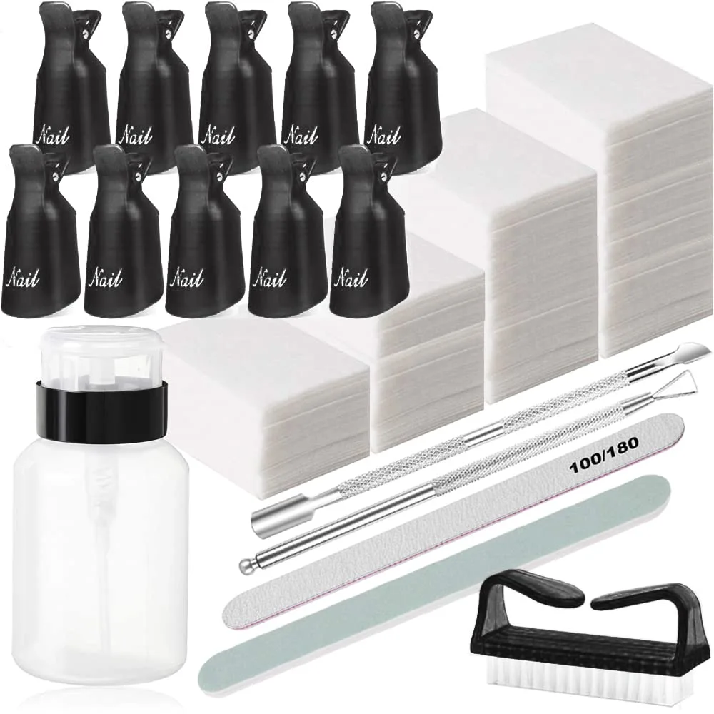 Nail Polish Gel Remover Tools Kit, Soak Off Cap Clip 10pcs, Dispenser Bottle, 600PCS Cotton Pads Handle Brushes Finger Separators(Black-Set)