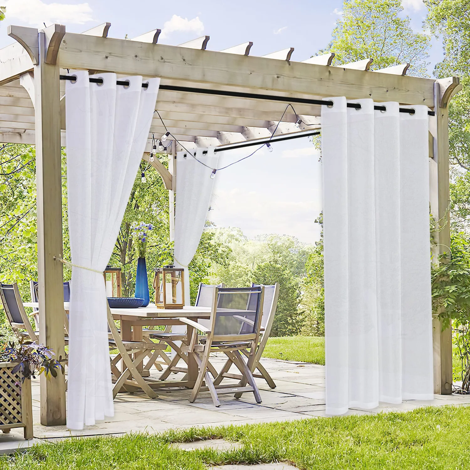 RYB HOME 2 Panels Outdoor Curtains for Patio - Linen Look Semi-Sheer Curtains for Patio Waterproof, Indoor Outdoor Drapes for Gazebo Pergola Balcony Pool Spa, Wide 54 x Long 84