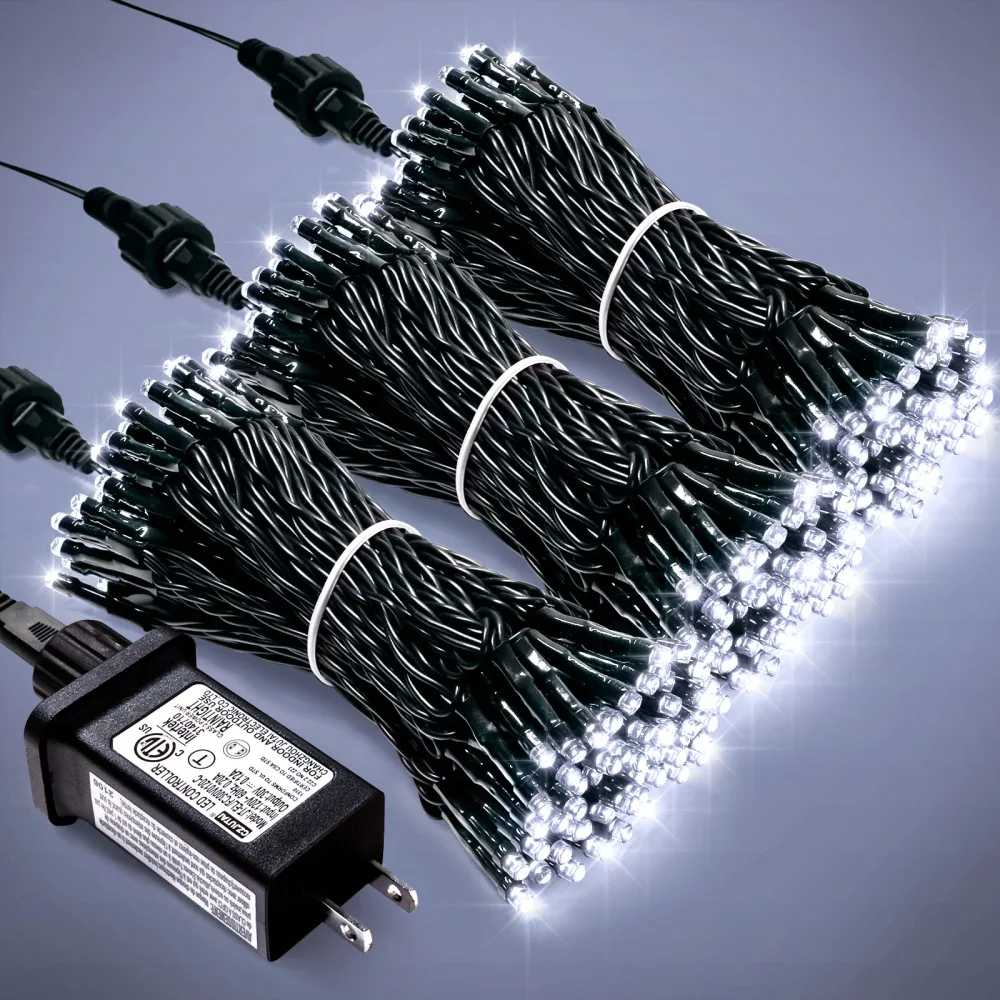 JMEXSUSS 300 LED White Christmas Lights Outdoor Indoor, Green Wire Christmas Tree Lights Plug in, 8 Modes Waterproof White String Lights for Xmas Wedding Party Garden