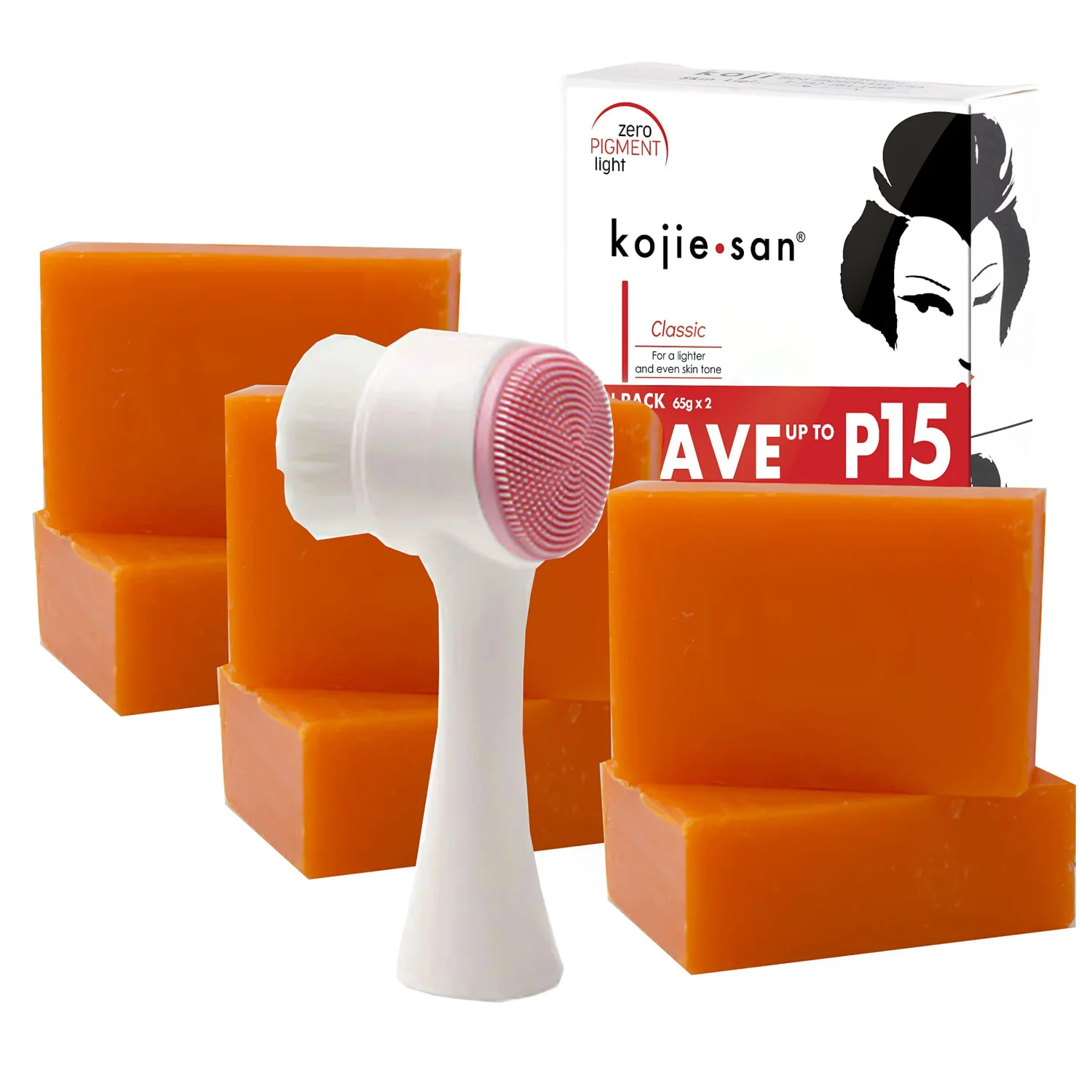 Kojie San Skin Brightening Soap + Relumins Deep Pore Facial Cleansing Brush - The Original Kojic Acid Soap that Reduces Dark Spots, Hyper-pigmentation, & other types of skin damage – 6x65g Bars