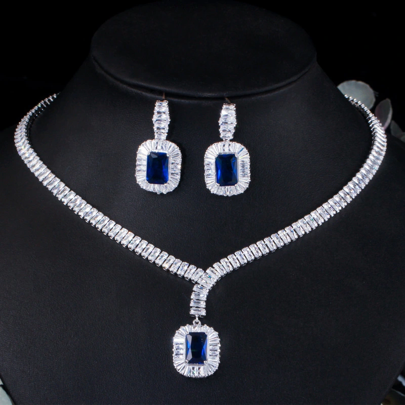 Platinum Zircon Earrings Necklace Set