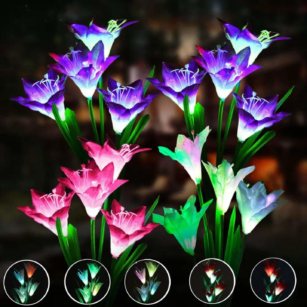 ANGMLN 4 Pack Solar Flowers Lights,16 Bigger Head Solar Lily Flowers, 7 Color Changing Pathway Lamps for Garden Patio Yard Party Wedding Holiday Outdoor Garden Stake Decoration(Purple2&White1&Pink1)