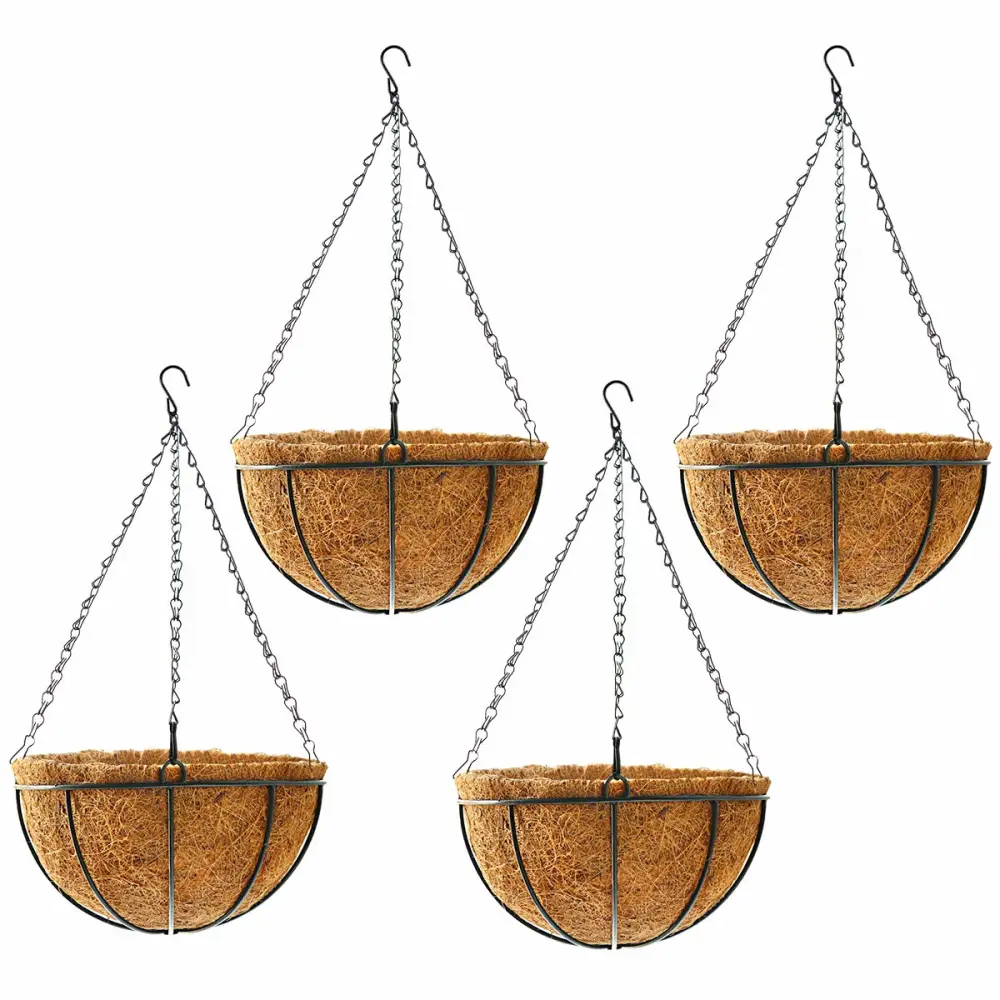 Hanging Plant Basket Flower Holder (4pack, 14 inch)-Metal Wire Round Hanging Basket Planter with Coco Fiber Liners for Plants Flower Pots Indoor Outdoor Garden Porch and Balcony Decor