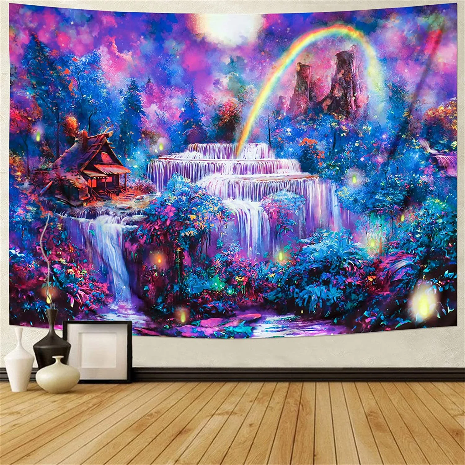 Home Fashion Purple Waterfall Forest Print Decorative Tapestry