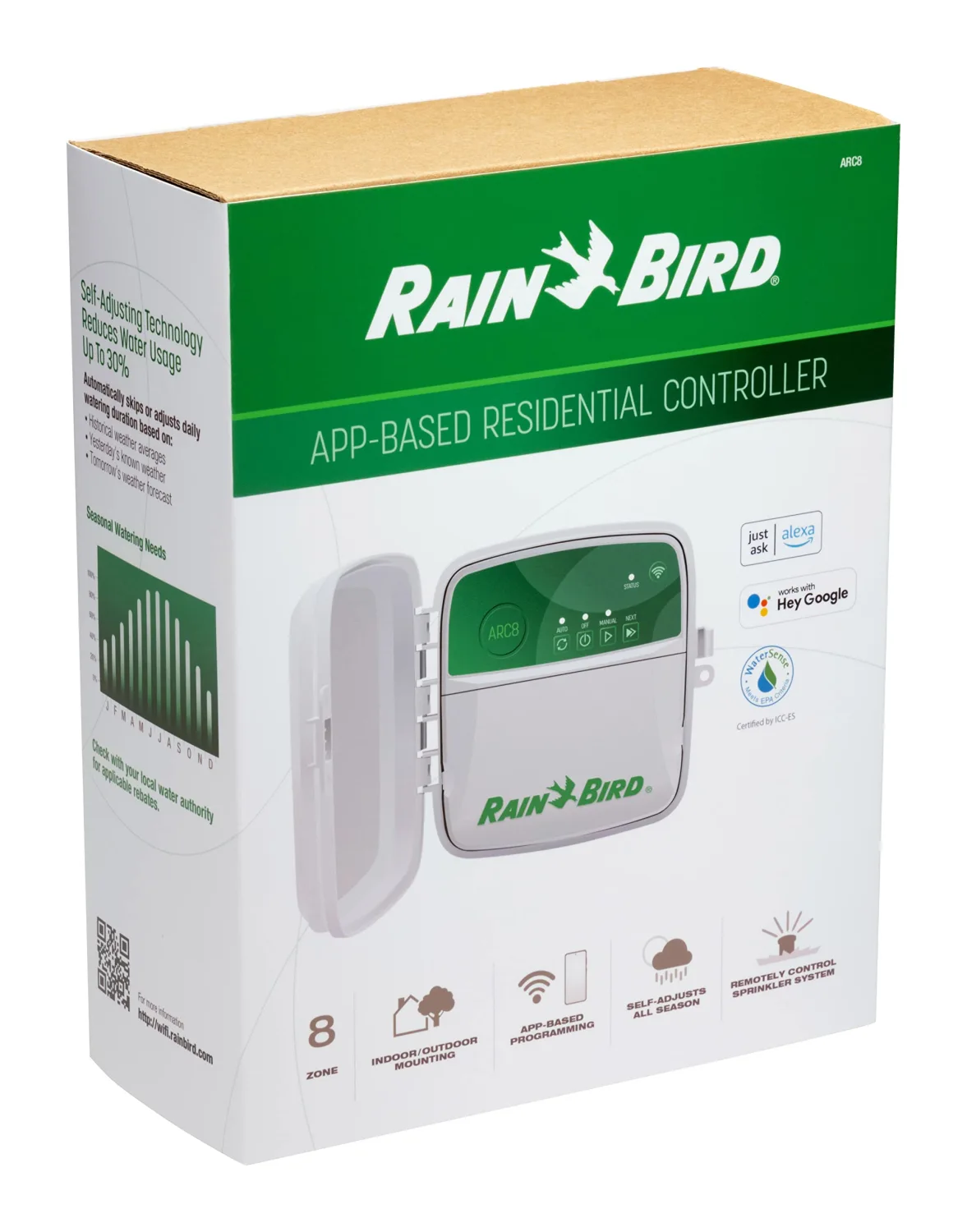 Rain Bird ARC8 App-Based Indoor/Outdoor Smart Irrigation WiFi Timer/Controller, 8-Zone/Station, EPA WaterSense Certified, Compatible with Alexa