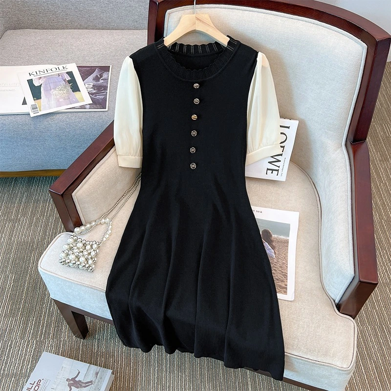 Wooden Ear Collar Spliced Knitted Short Sleeve Dress