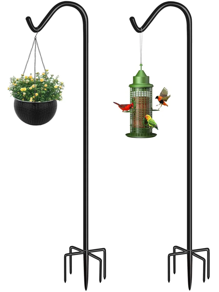 Shepherds Hook for Outdoor Bird Feeders Pole 60 Inch Tall, Adjustable Heavy Duty Garden Hanger Stake Pole with 5 Prong Base, Shiny Black (2 Packs)