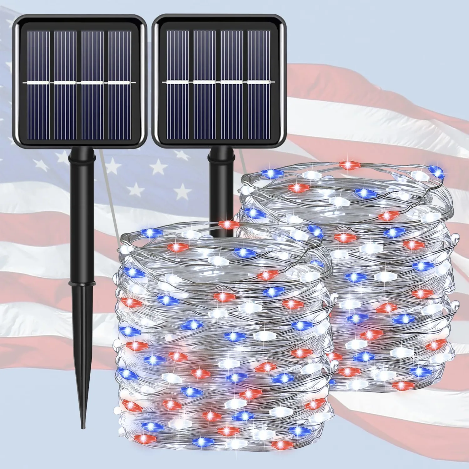 YAOZHOU 4th of July Patriotic Decorations Solar String Lights Outdoor Waterproof-Red White and Blue Lights,2Pack Each 100LED 33ft Lights,IP67 Waterproof 8 Modes Fairy Lights for Garden,Patio Yard