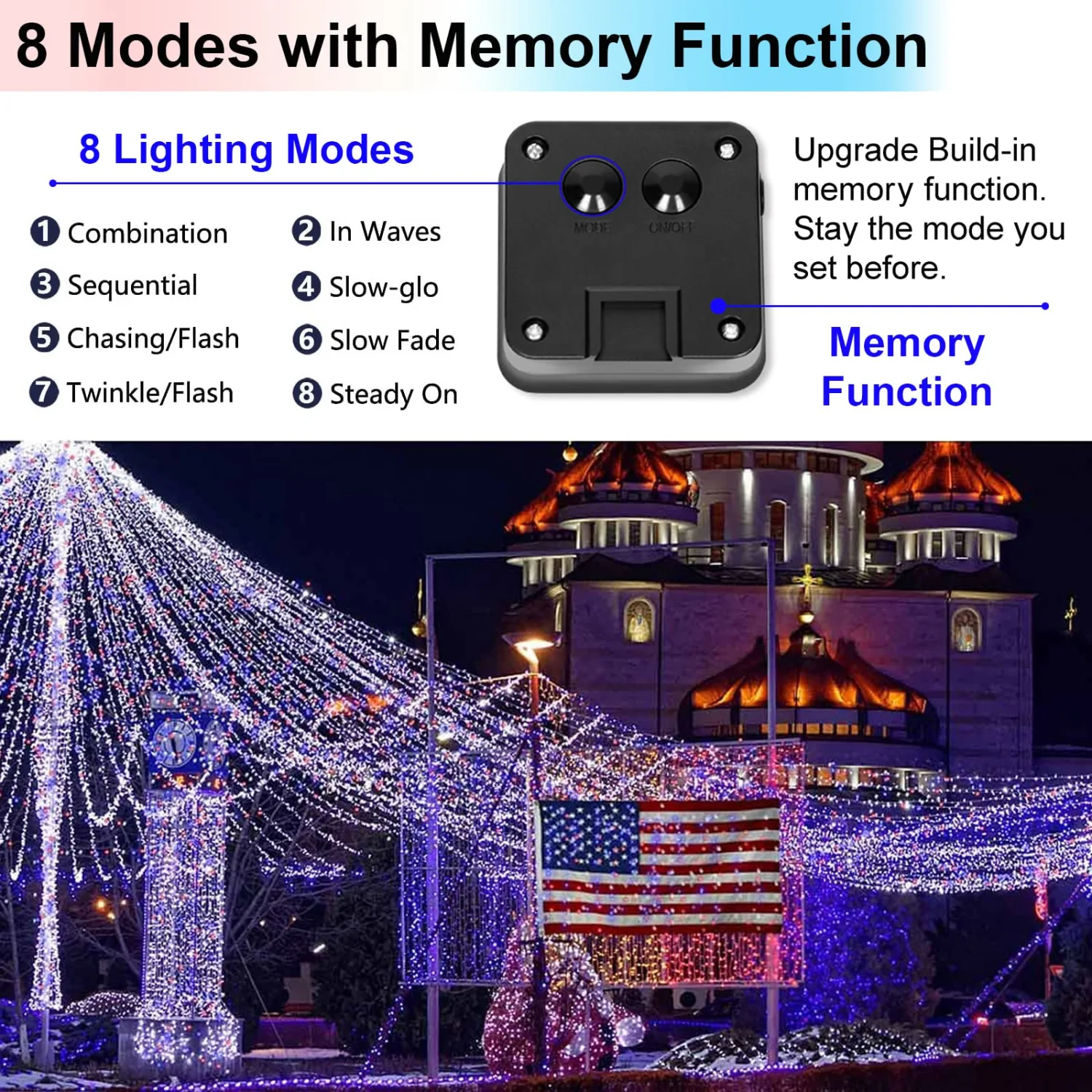 YAOZHOU 4th of July Patriotic Decorations Solar String Lights Outdoor Waterproof-Red White and Blue Lights,2Pack Each 100LED 33ft Lights,IP67 Waterproof 8 Modes Fairy Lights for Garden,Patio Yard