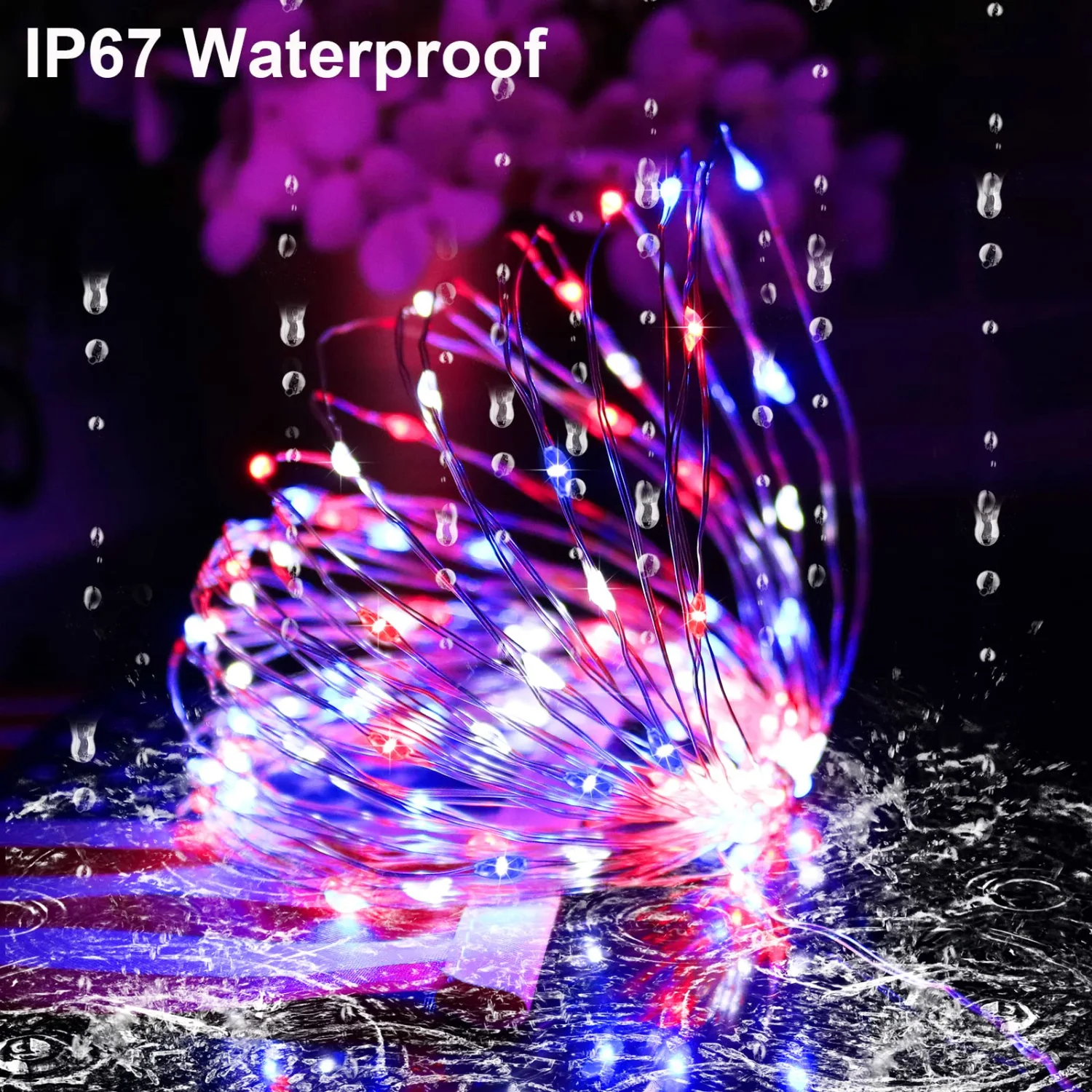 YAOZHOU 4th of July Patriotic Decorations Solar String Lights Outdoor Waterproof-Red White and Blue Lights,2Pack Each 100LED 33ft Lights,IP67 Waterproof 8 Modes Fairy Lights for Garden,Patio Yard