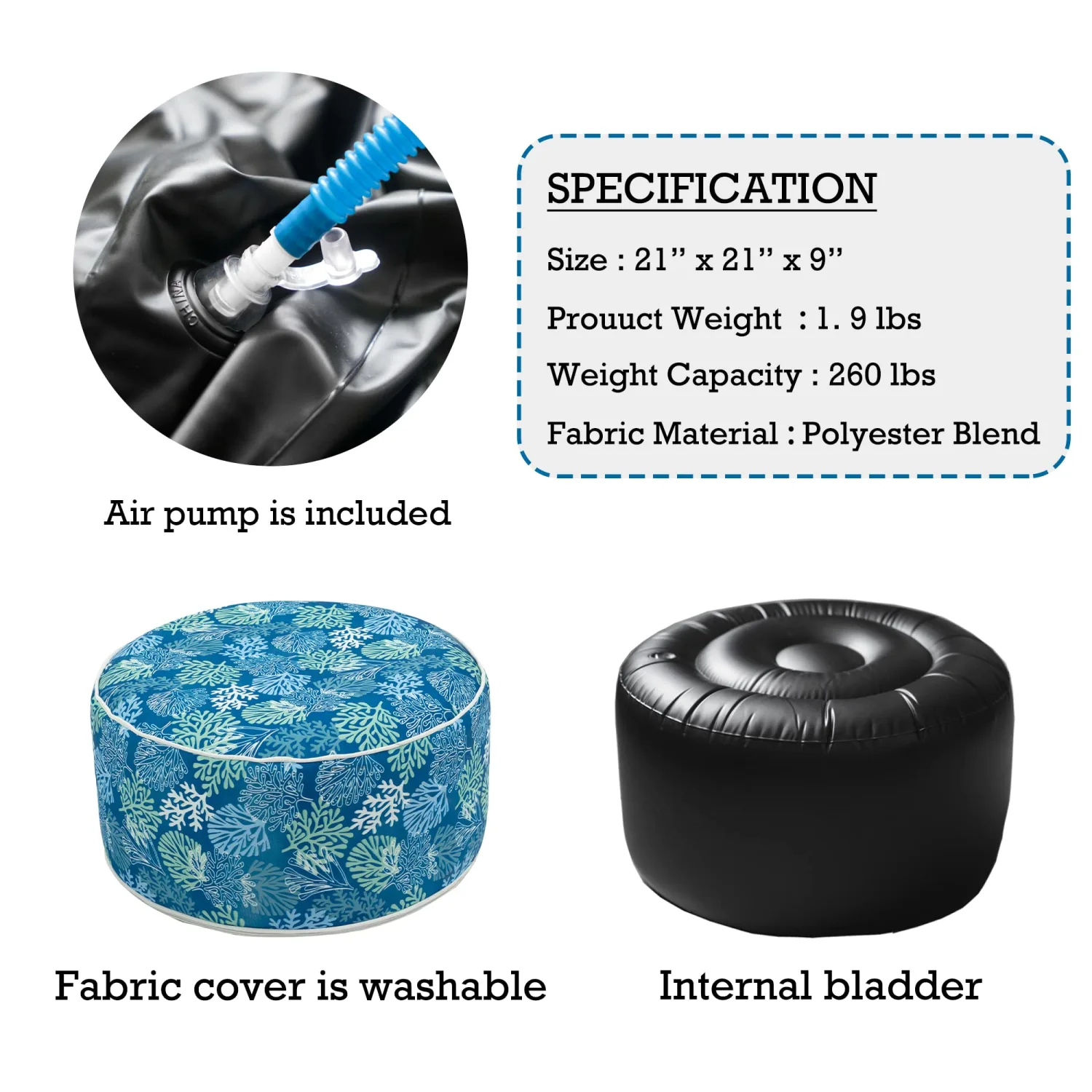 Kozyard Outdoor Pouf, Indoor Inflatable Stool Ottoman with Foot Air Pump, 21" D x 9" H, All Weather Foot Rest Footstool for Travel Camping or Home (Gorgonia)