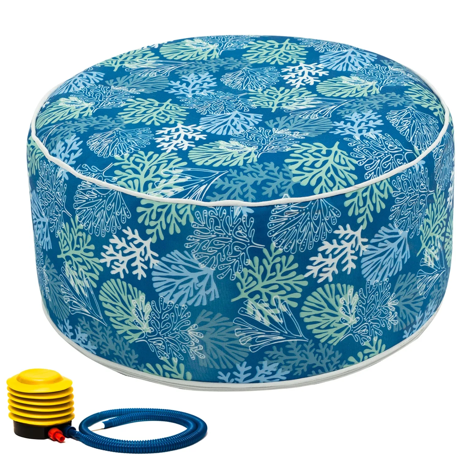 Kozyard Outdoor Pouf, Indoor Inflatable Stool Ottoman with Foot Air Pump, 21" D x 9" H, All Weather Foot Rest Footstool for Travel Camping or Home (Gorgonia)