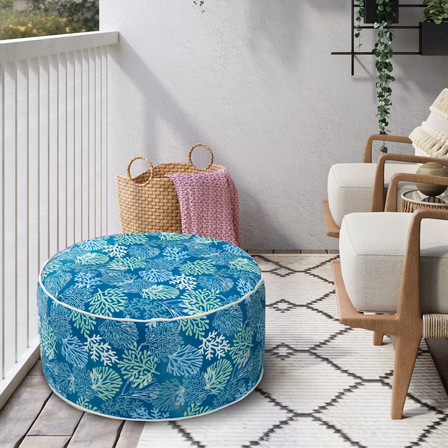 Kozyard Outdoor Pouf, Indoor Inflatable Stool Ottoman with Foot Air Pump, 21" D x 9" H, All Weather Foot Rest Footstool for Travel Camping or Home (Gorgonia)
