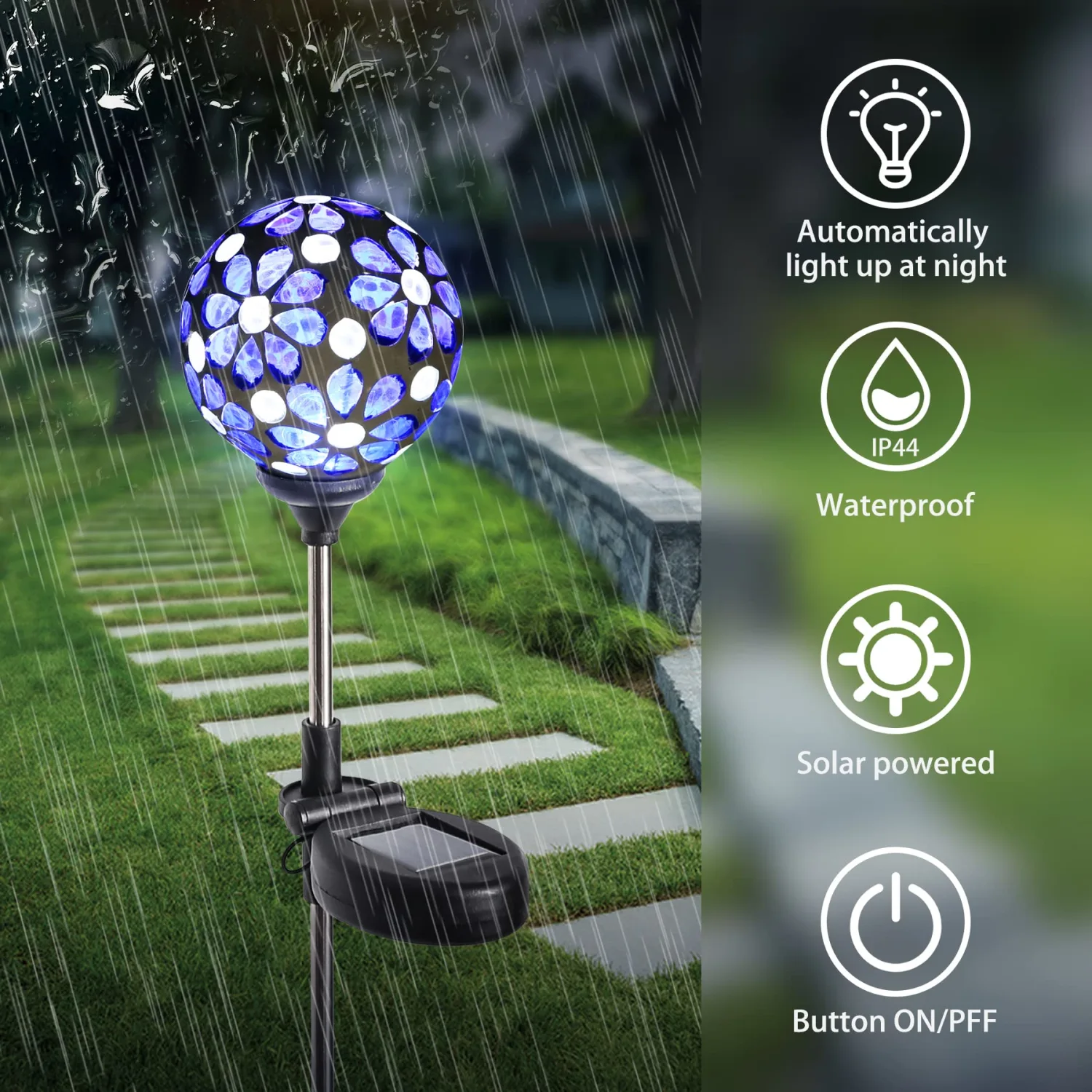 WNP Outdoor Mosaic Solar Light Stake Decor Garden Waterproof, Colorful Glow Solar Powered Flower Petal Ball Light Decorative Outdoor Landscape Solar Color Globe Absorb Lights for Yard,Path(Blue)