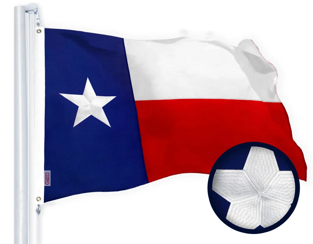 G128 Texas State Flag | 4x6 Ft | StormFlyer Series Embroidered 220GSM Spun Polyester | Embroidered Design, Indoor/Outdoor, Brass Grommets, Heavy Duty, All Weather