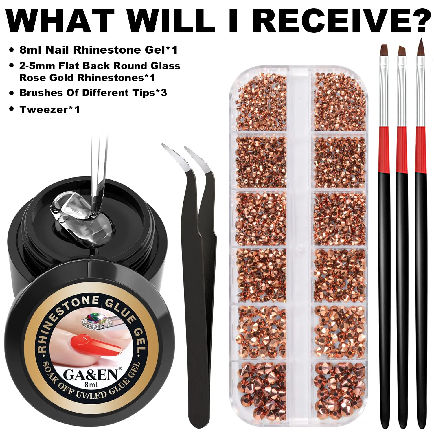 Nail Art 1PC 8ml Wipe-Off Rhinestone Glue Gel Adhesive + 1 Box 2-5mm Flat Back Round Glass Rose Gold Rhinestones + 3PCS Glue Brush + 1PC Tweezer