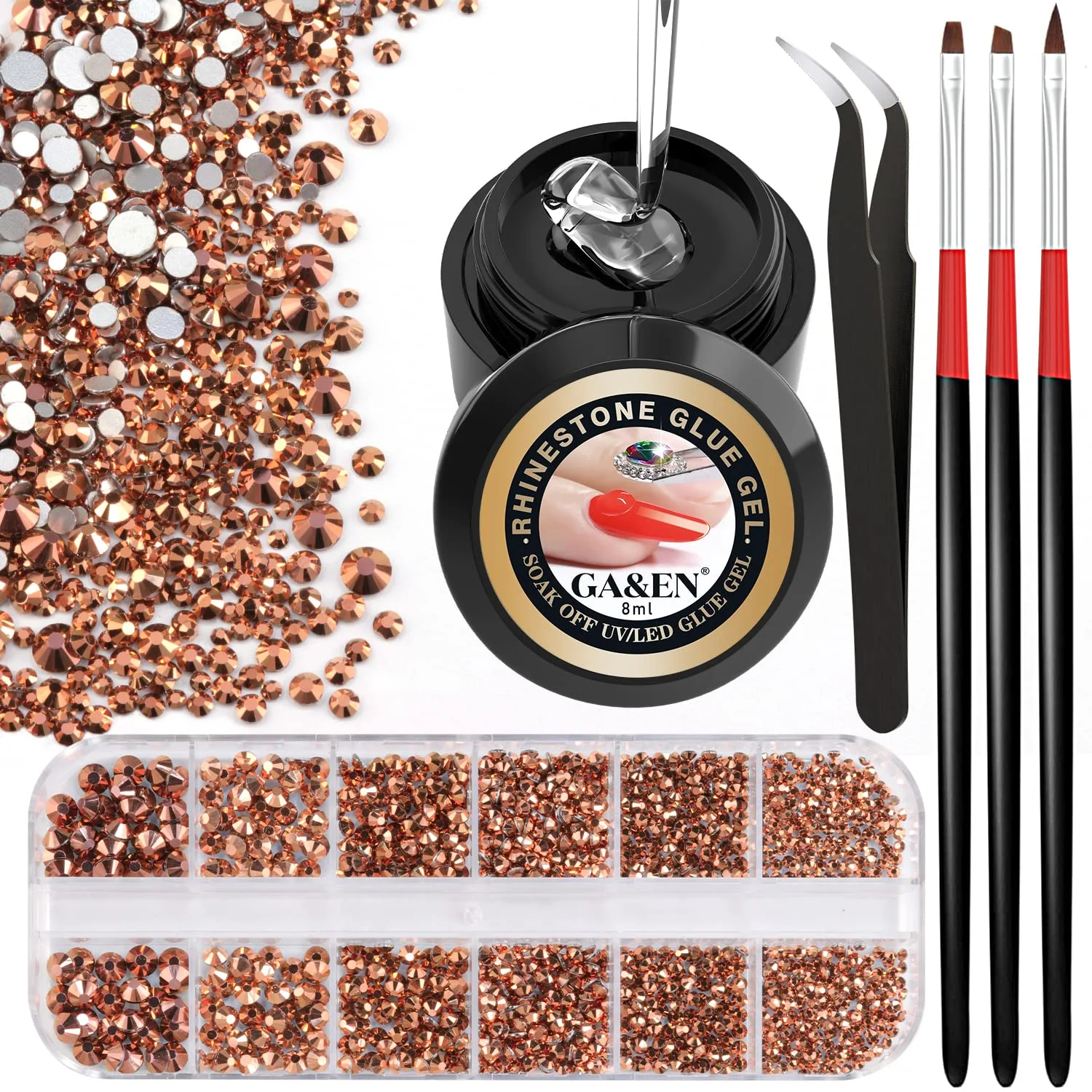 Nail Art 1PC 8ml Wipe-Off Rhinestone Glue Gel Adhesive + 1 Box 2-5mm Flat Back Round Glass Rose Gold Rhinestones + 3PCS Glue Brush + 1PC Tweezer