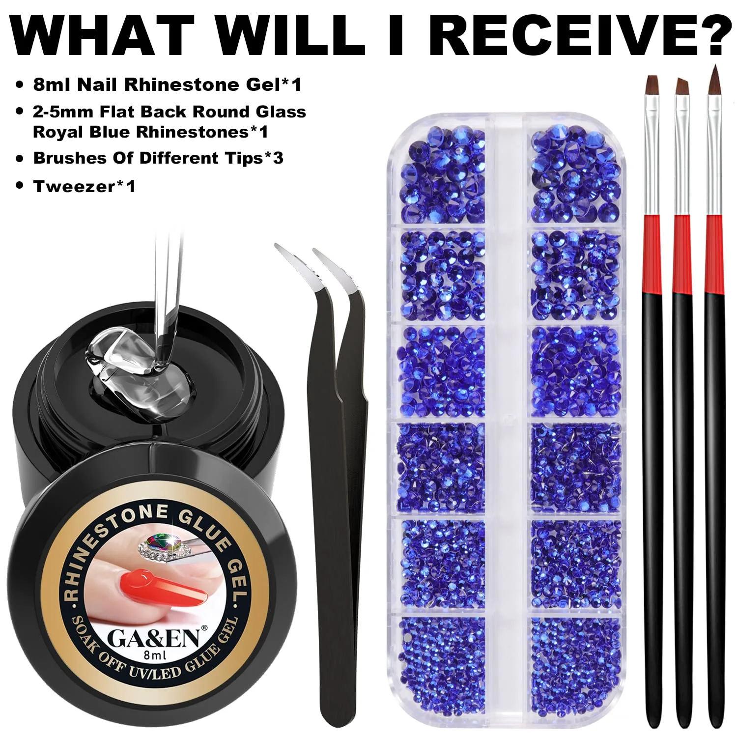 Nail Art 1PC 8ml Wipe-Off Rhinestone Glue Gel Adhesive + 1 Box 2-5mm Flat Back Round Glass Royal Blue Rhinestones + 3PCS Glue Brush + 1PC Tweezer