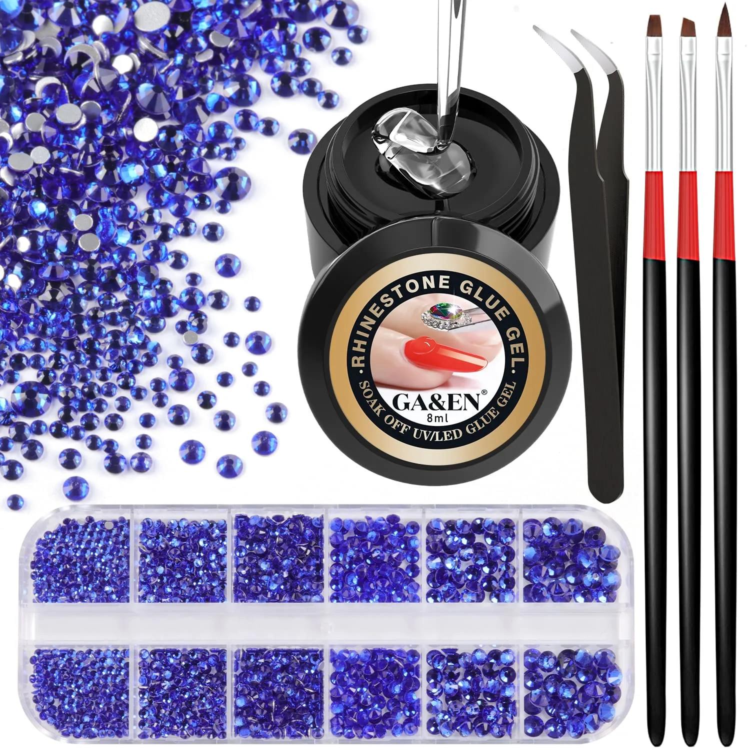 Nail Art 1PC 8ml Wipe-Off Rhinestone Glue Gel Adhesive + 1 Box 2-5mm Flat Back Round Glass Royal Blue Rhinestones + 3PCS Glue Brush + 1PC Tweezer