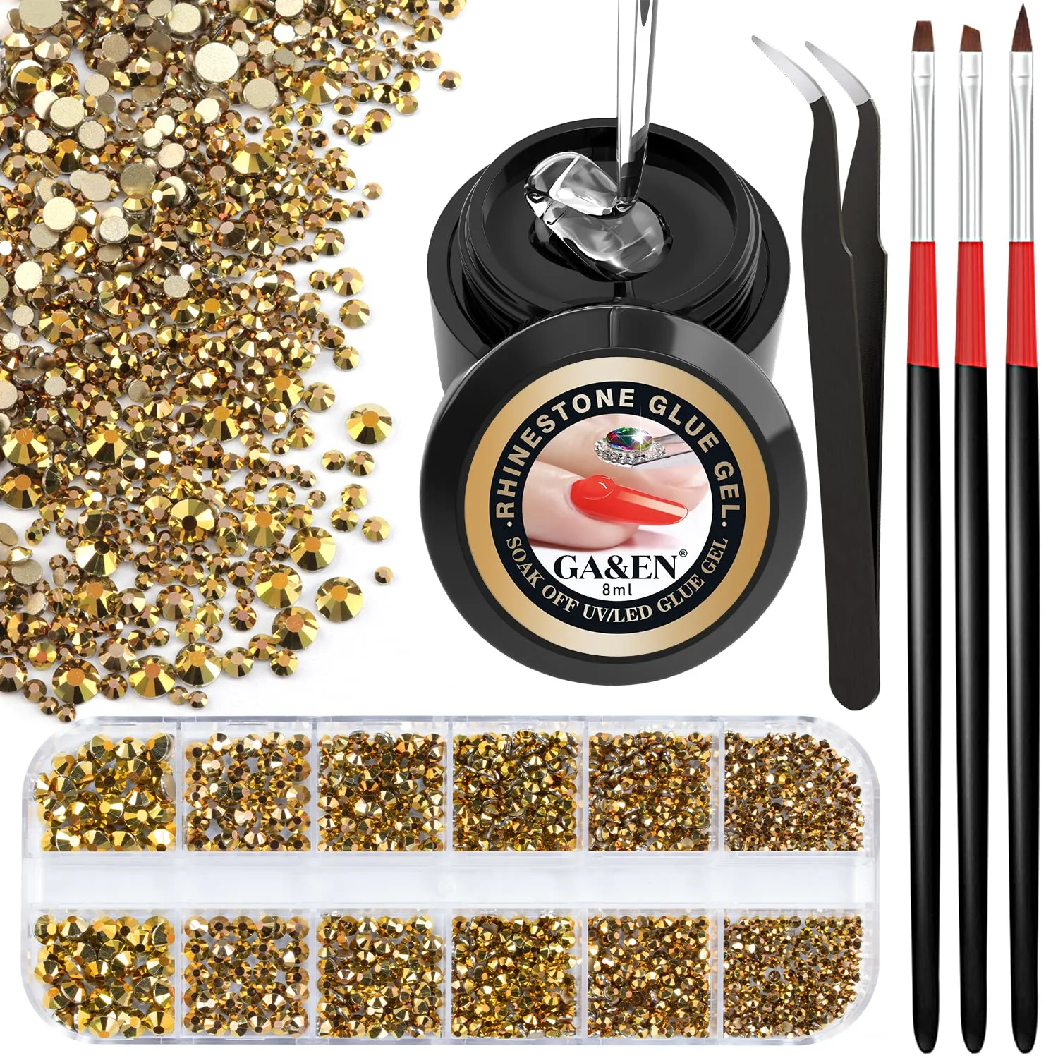 Nail Art 1PC 8ml Wipe-Off Rhinestone Glue Gel Adhesive + 1 Box 2-5mm Flat Back Round Glass Gold Rhinestones + 3PCS Glue Brush + 1PC Tweezer