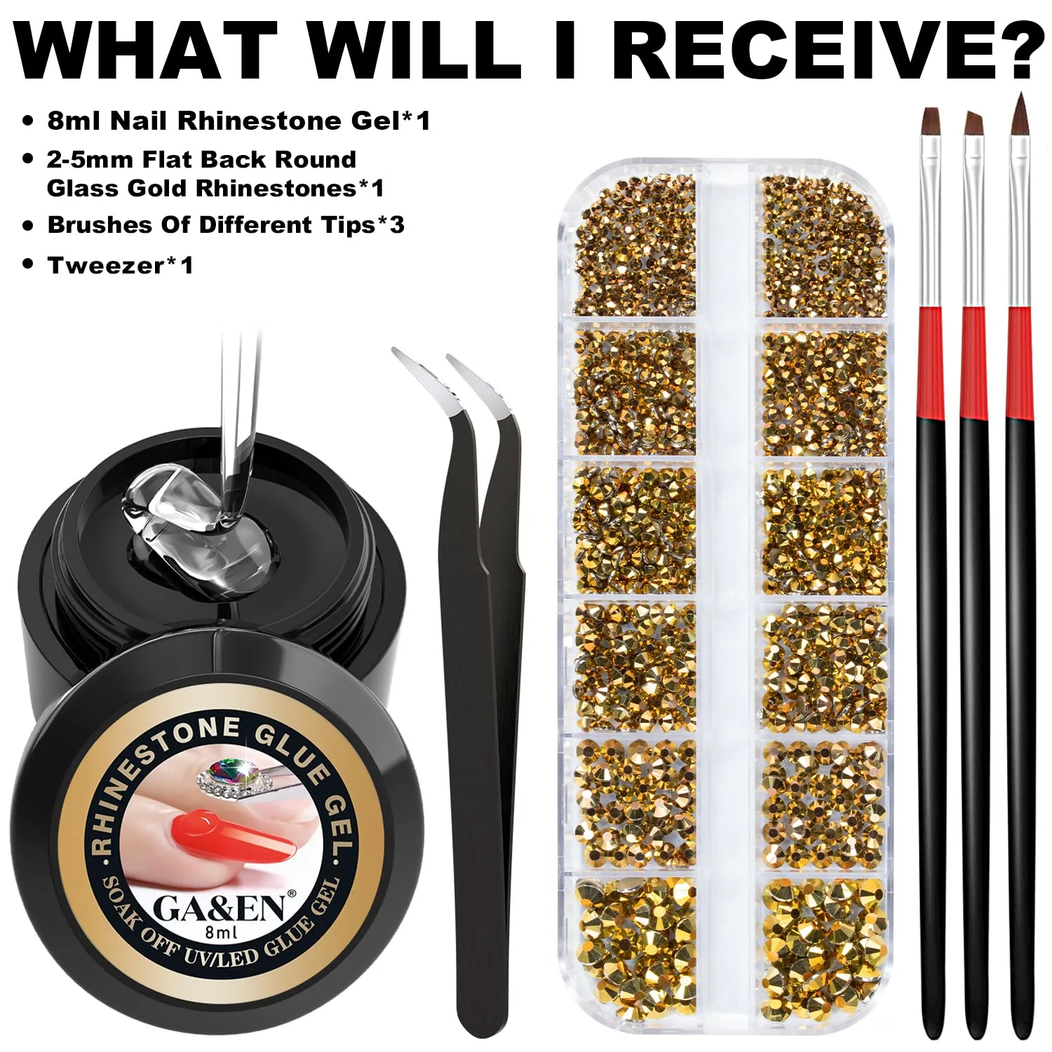 Nail Art 1PC 8ml Wipe-Off Rhinestone Glue Gel Adhesive + 1 Box 2-5mm Flat Back Round Glass Gold Rhinestones + 3PCS Glue Brush + 1PC Tweezer