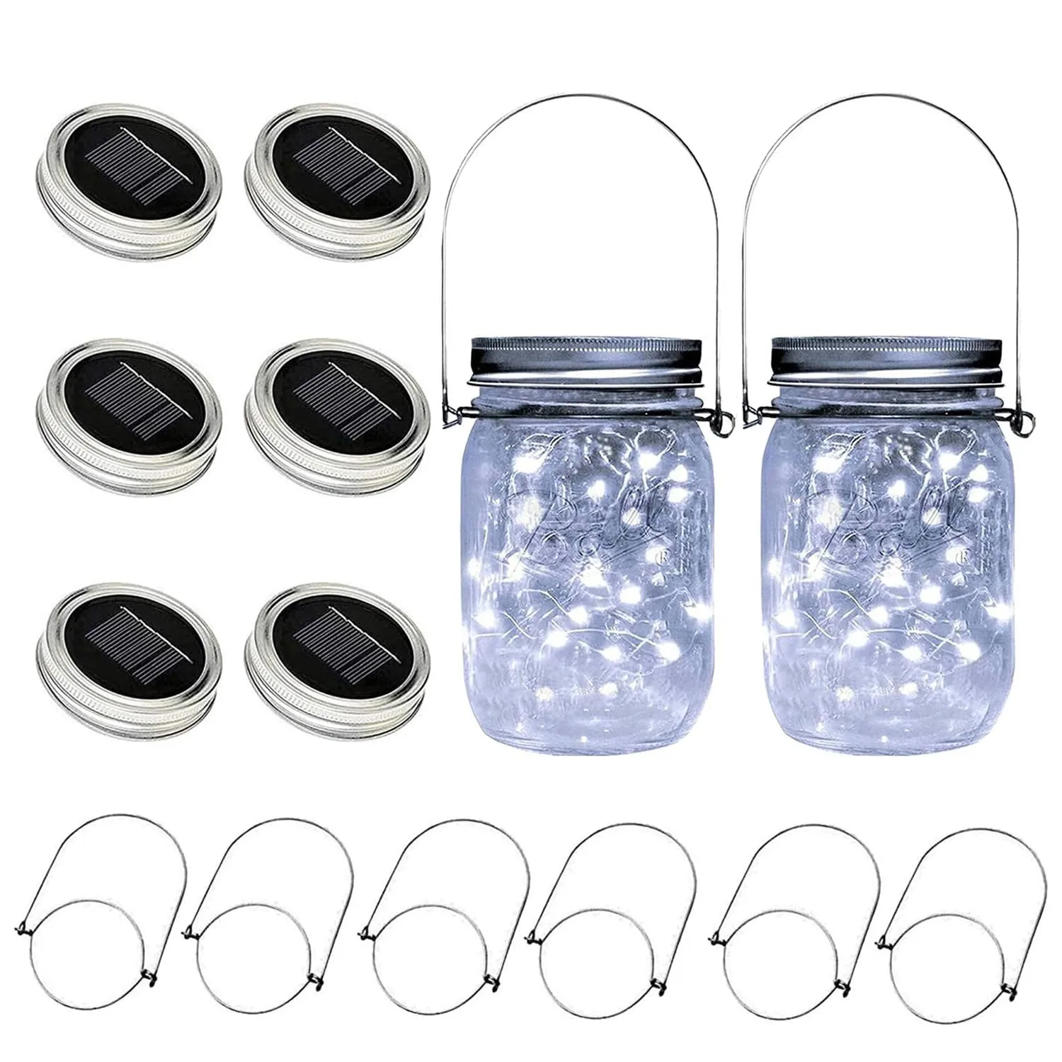 6 Pack Solar Mason Jar Lid Lights for Outside, 30 Led Solar Mason Jar Lids Fairy Lights with 6 Handles Outdoor Waterproof for Mason Jar, Patio Garden Yard Lawn Table Lights Cool White(No Jars)