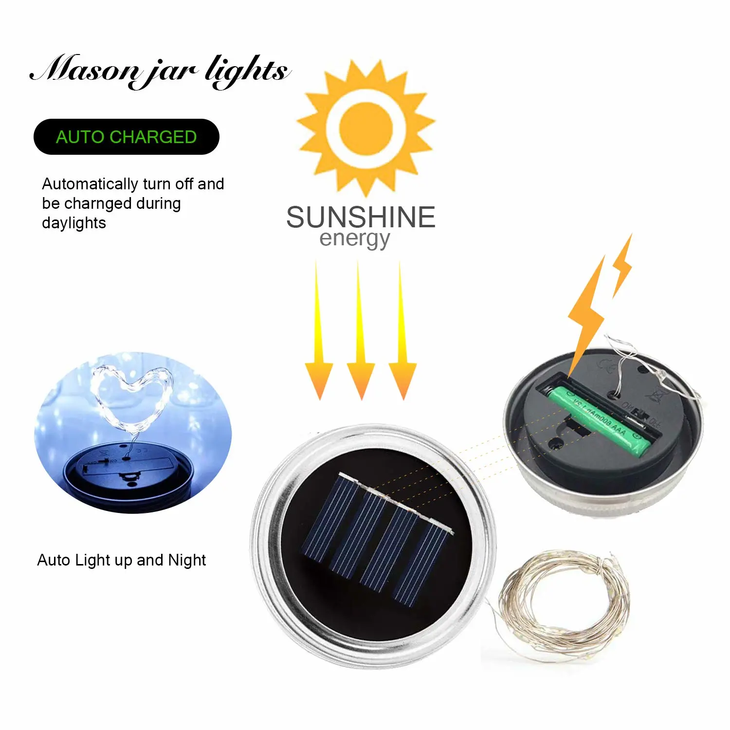 6 Pack Solar Mason Jar Lid Lights for Outside, 30 Led Solar Mason Jar Lids Fairy Lights with 6 Handles Outdoor Waterproof for Mason Jar, Patio Garden Yard Lawn Table Lights Cool White(No Jars)