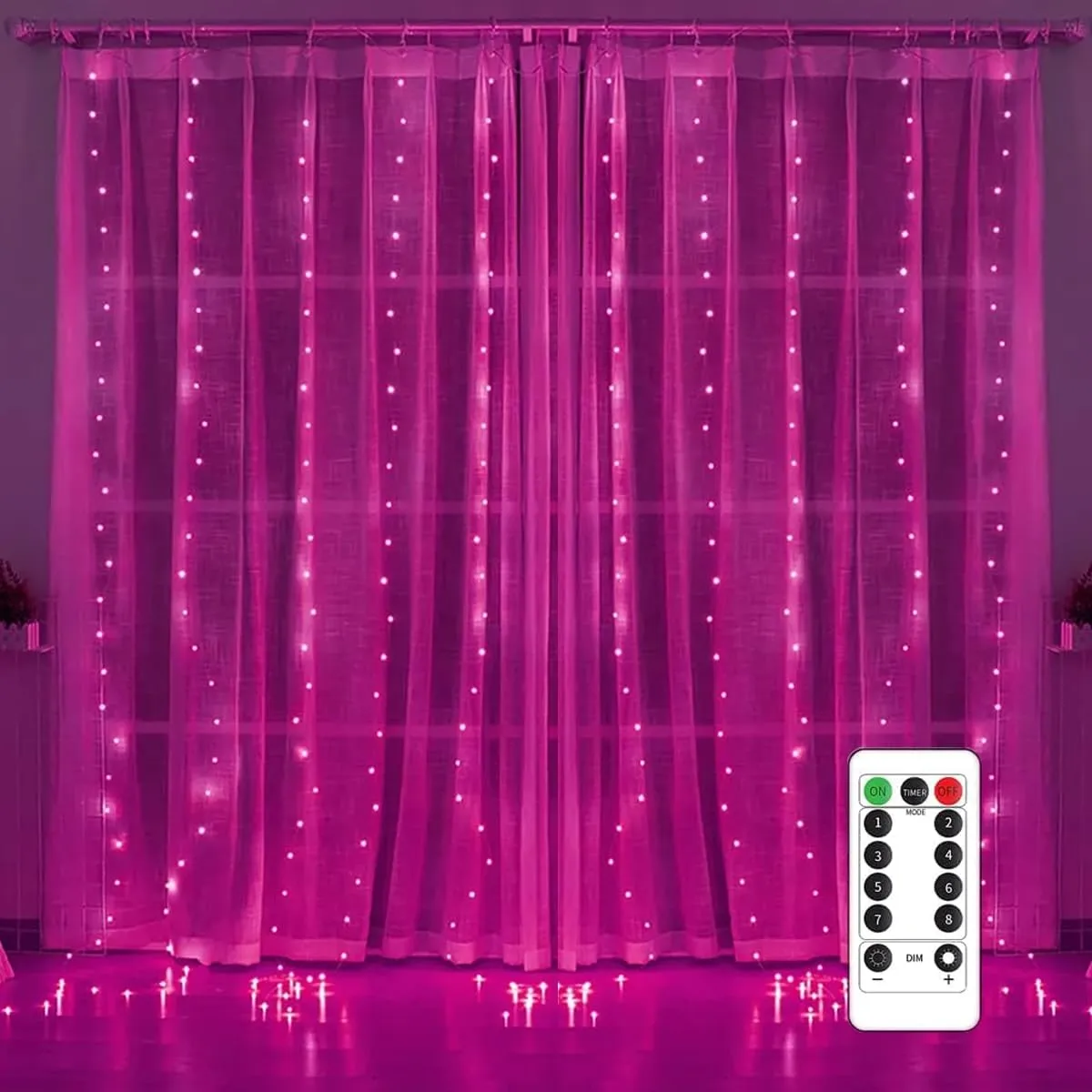 Pink Fairy Curtain Lights for Room,7.9Ft x 5.9Ft USB Powered String Lights with Remote 8 Modes & IP64 Waterproof Hanging Twinkle Lights Ideal for Wall Party Backdrop Holiday Decorations