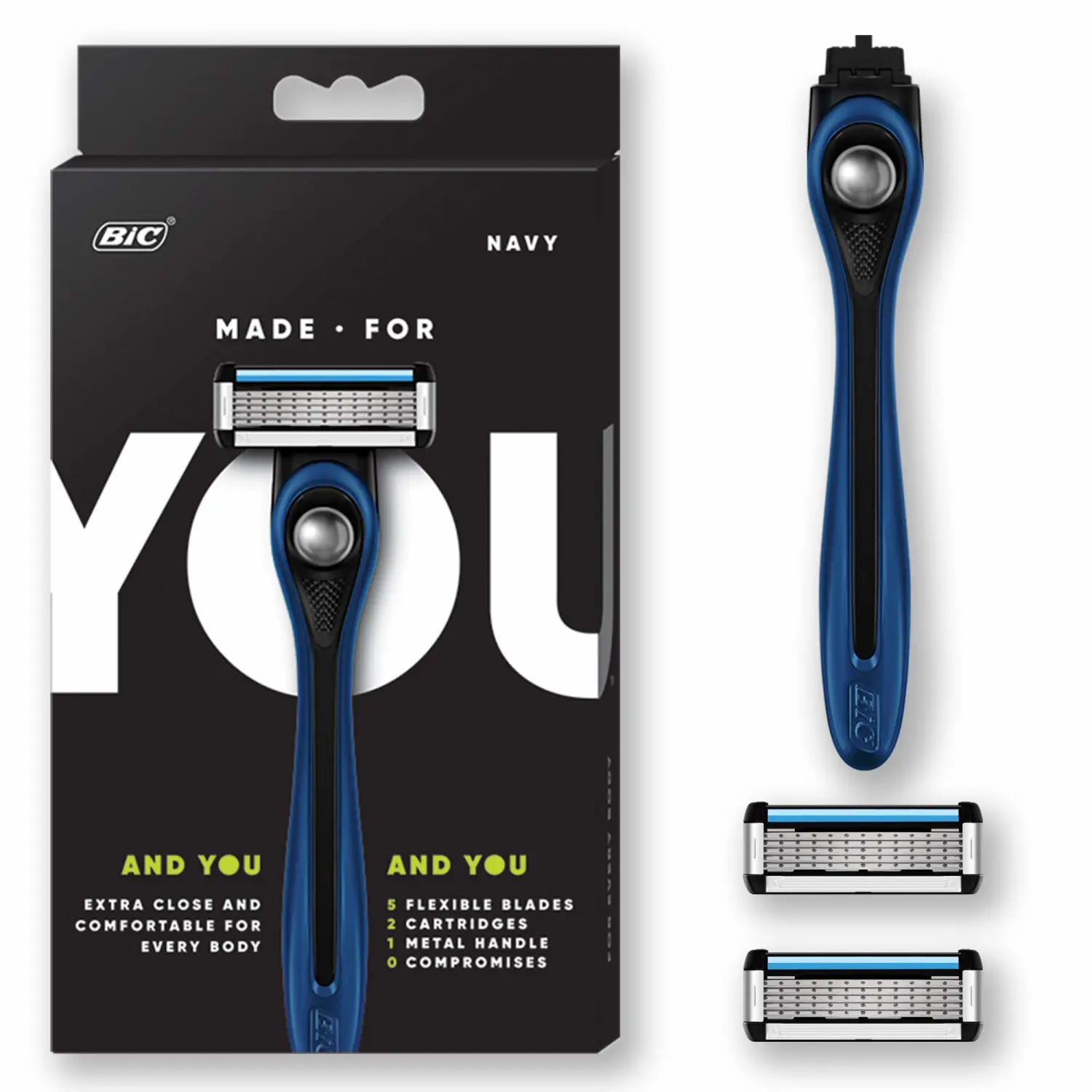 Made For You by BIC Shaving Razor Blades for Every Body - Men & Women, with 2 Cartridge Refills - 5-Blade Razors for a Smooth Close Shave, Navy, Kit