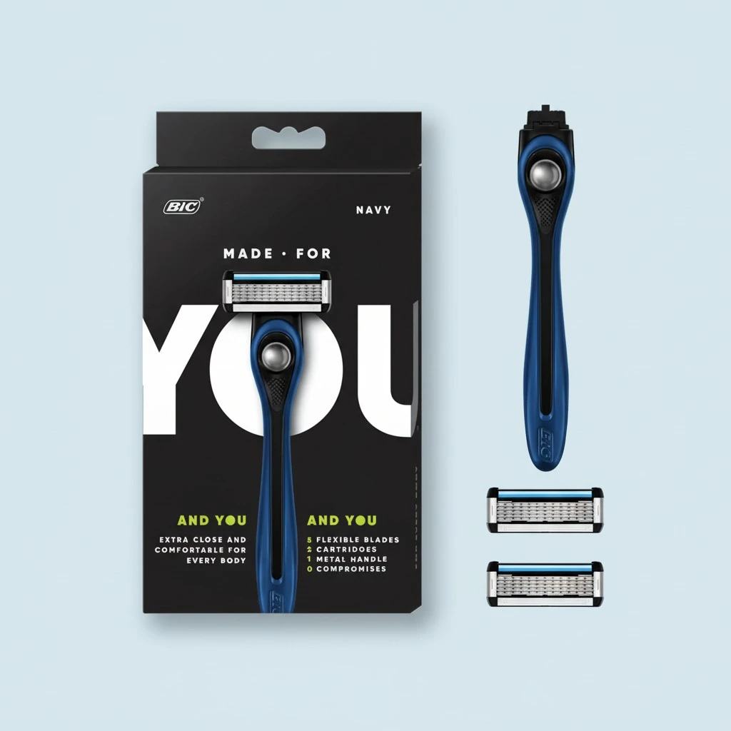 Made For You by BIC Shaving Razor Blades for Every Body - Men & Women, with 2 Cartridge Refills - 5-Blade Razors for a Smooth Close Shave, Navy, Kit