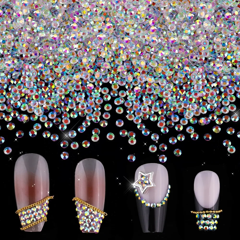 5000Pcs Tiny Nail Rhinestones 1.7mm Clear AB Flatback Glass Pixie Crystals, Iridescent Nail Gems Long Lasting Shine Small Sugar Glitter Beads Dust Nail Charms for Nail Design DIY Crafts Accessories