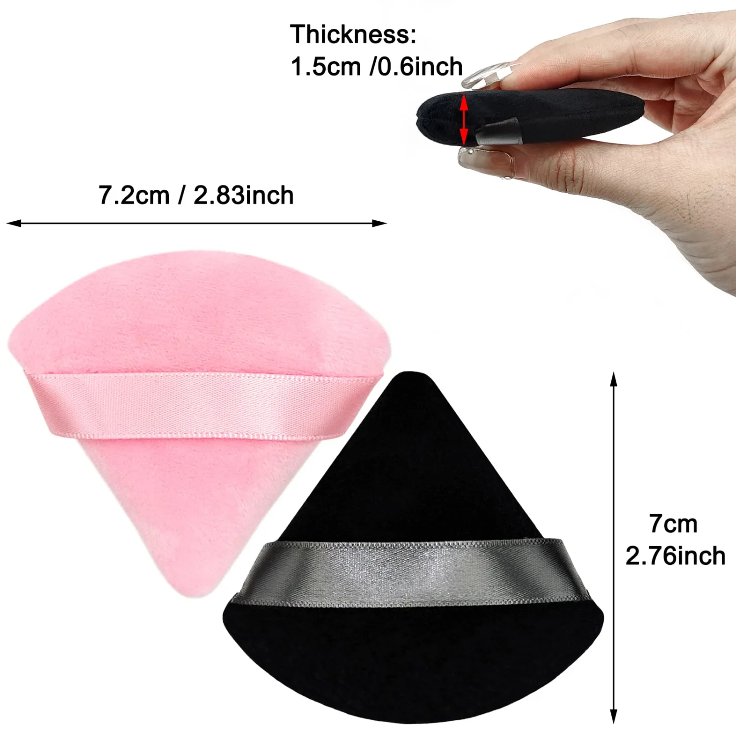 12 Pieces Cosmetic Powder Puff,2.76 inch Portable Soft Sponge Setting Face Puffs,Triangle Velvet Powder Puff with Ribbon Band Handle for Loose Powder Body Powder Makeup Tool(Black,Pink)