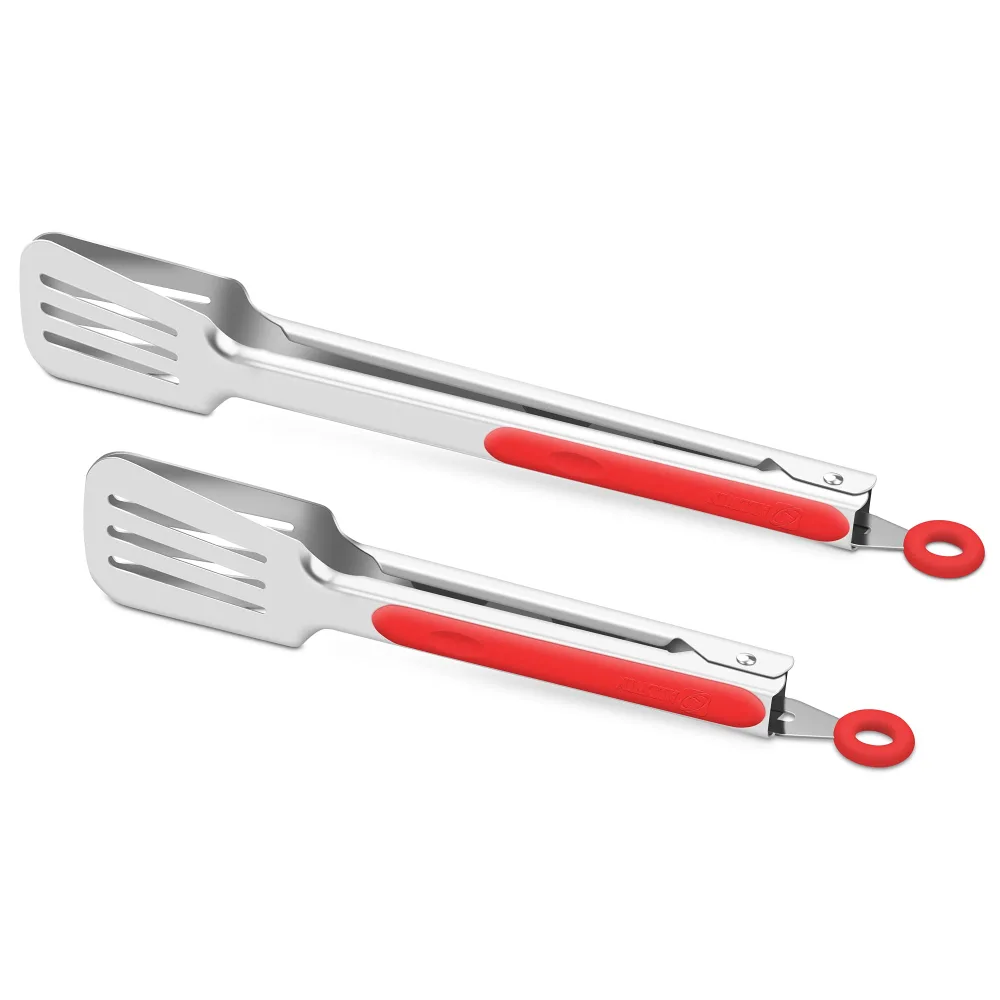 Premium 304 Stainless Steel Barbecue Turners, Heavy Duty Non-Stick BBQ Cooking Kitchen Tongs, 9" and 12" Red