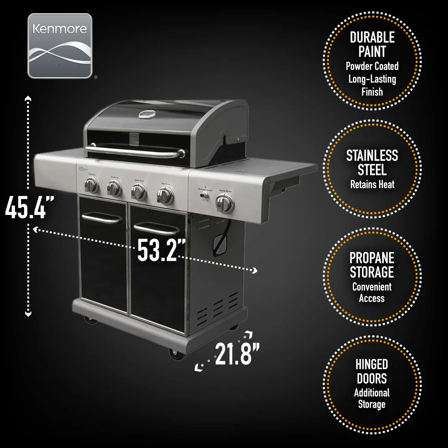 Kenmore PG-A40409S0LB 4 Burner Cabinet Style Propane Gas BBQ Grill with Searing Side Burner, 52000 Total BTU, Black