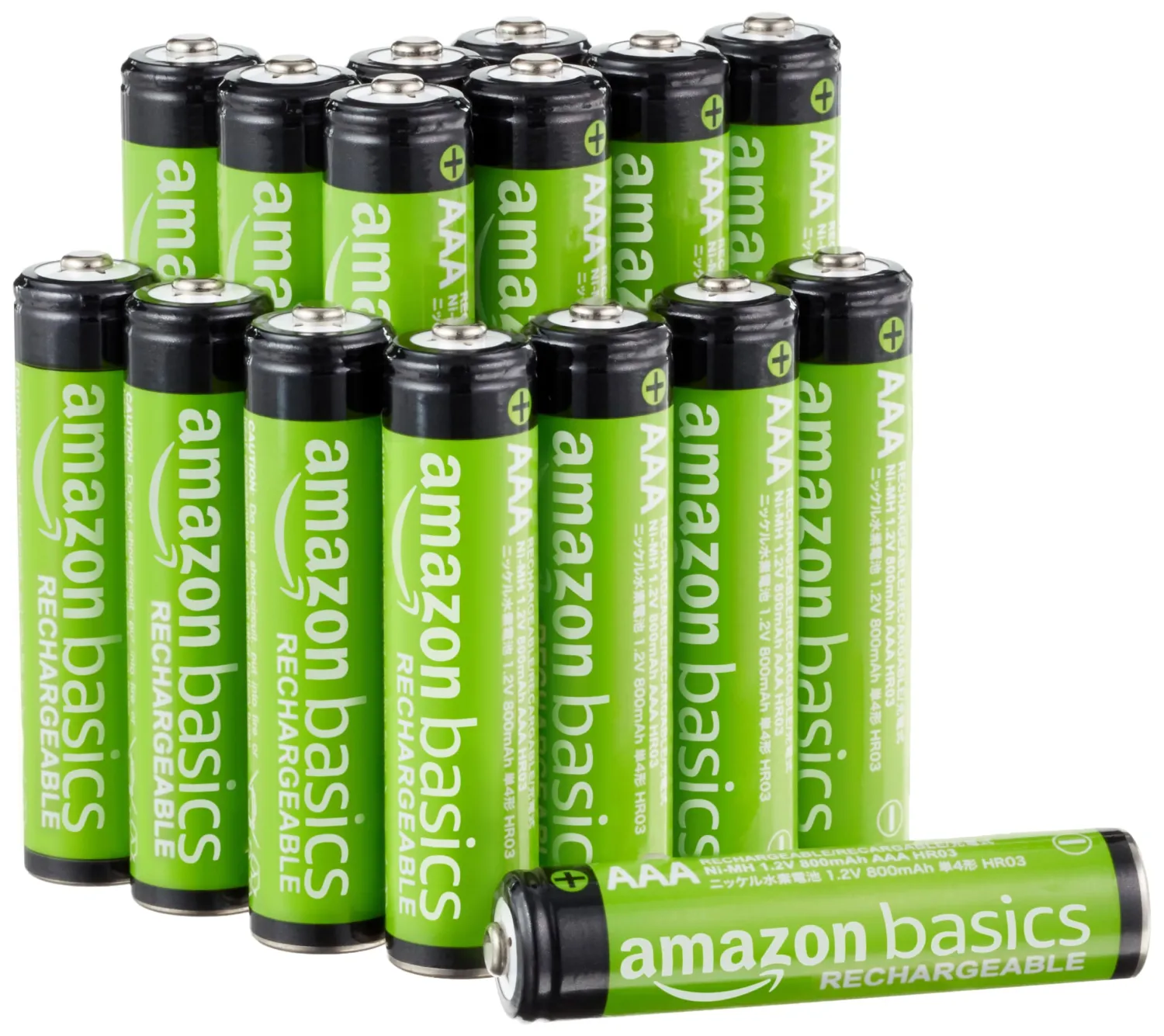 Amazon Basics 16-Pack Rechargeable AAA NiMH Performance Batteries, 800 mAh, Recharge up to 1000x Times, Pre-Charged