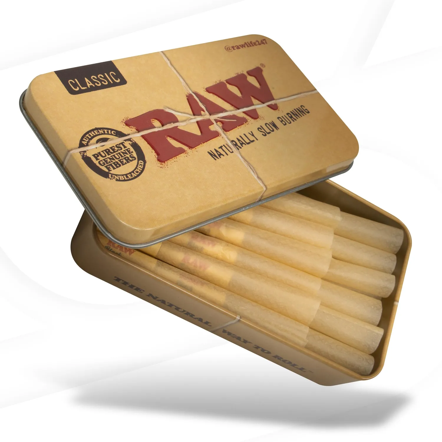 RAW Classic Pre-Rolled Papers 84mm Packed Inside a RAW Metal Tin Container with Packing Tubes | 20 Pack |