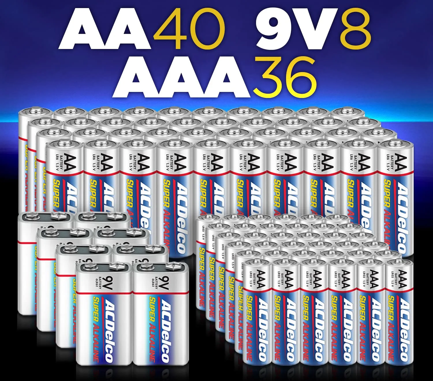 ACDelco AA, AAA, 9-Volt Combo Pack, 40-AA, 36 AAA, 8 9V Batteries, Alkaline Batteries