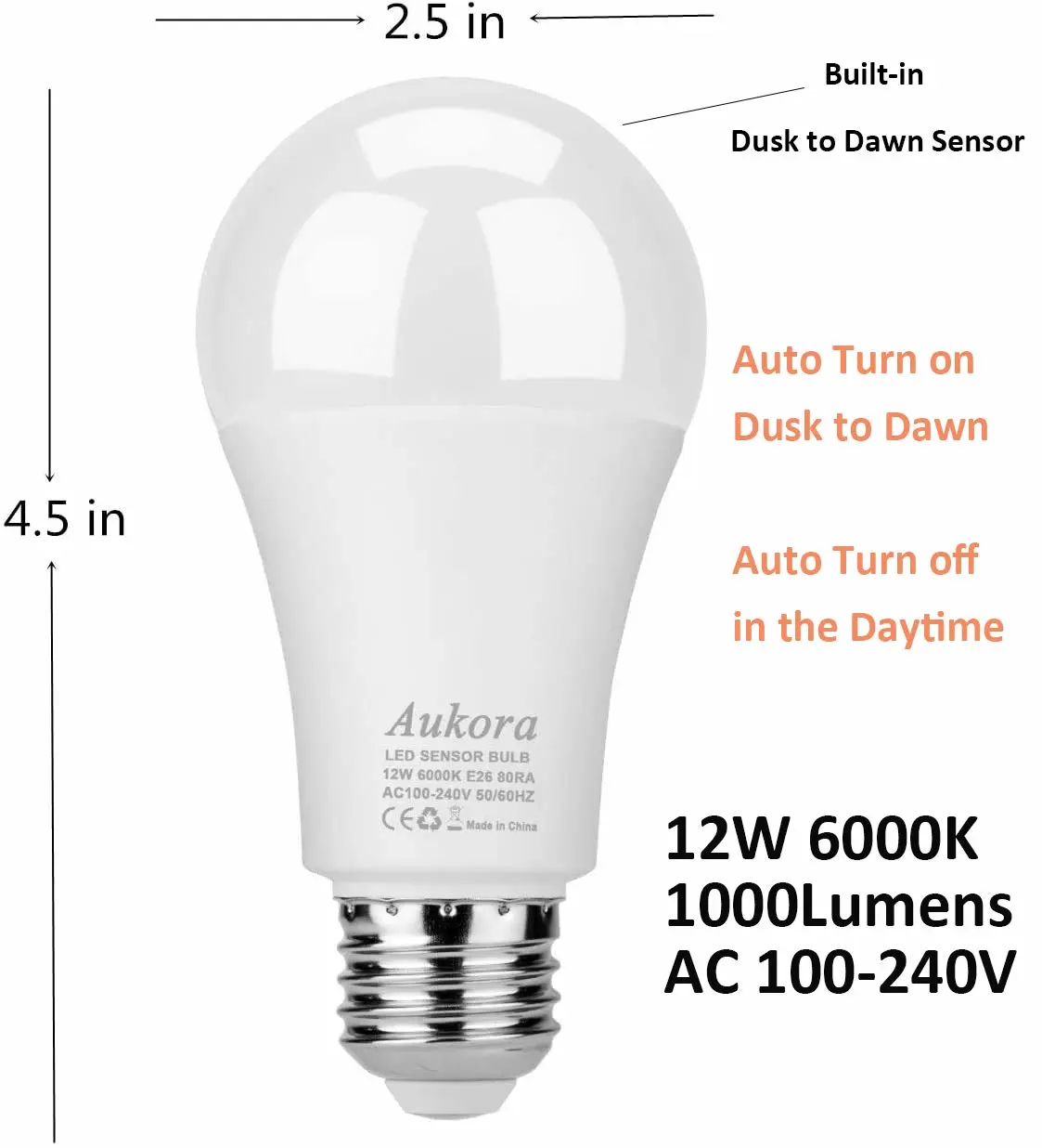 Aukora Dusk to Dawn Light Bulb, 12W (100-Watt Equivalent) Smart Sensor Light Bulbs Super Bright E26 Automatic On/Off Security Lights Outdoor/Indoor for Porch Garage Garden Patio(Cool White 2 Pack)