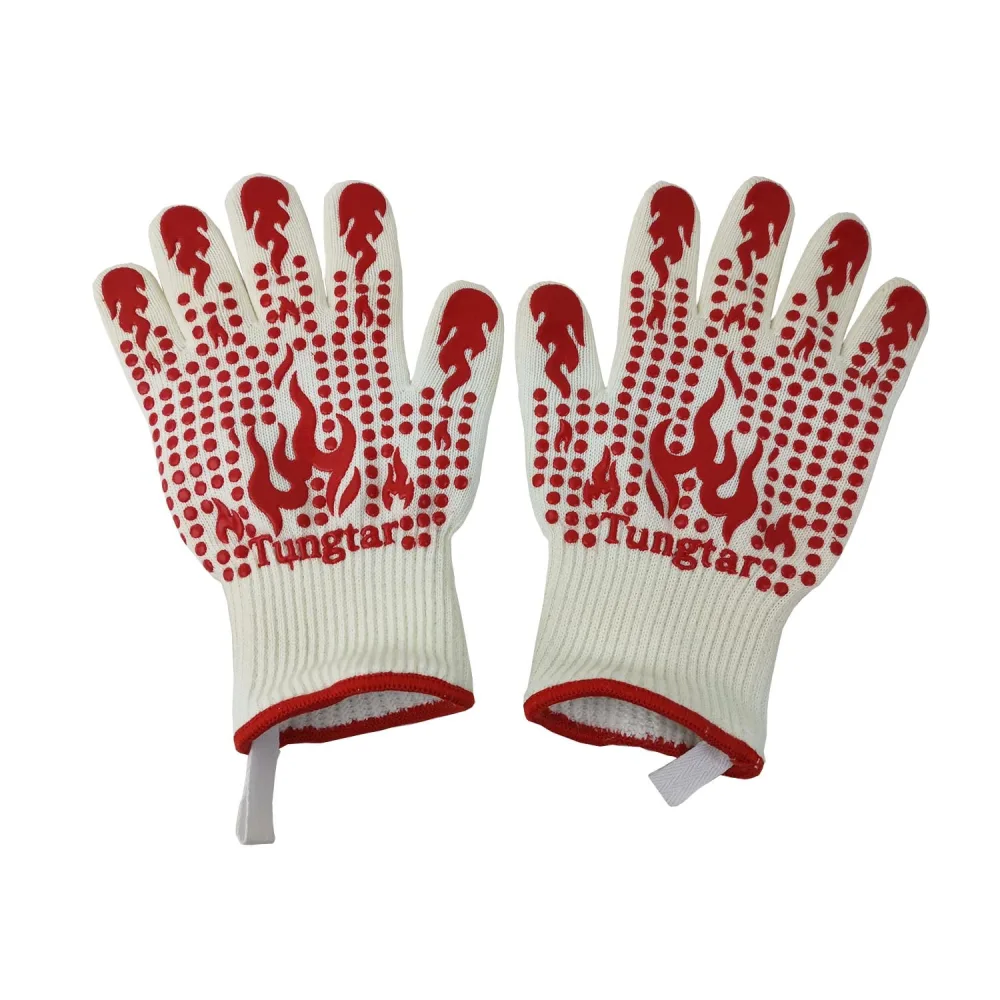 Ove Gloves mit BBQ Heat Proof Oven Mitts 11Inch 1472℉ guantes para Caliente Grill Proof Heat for Men Women BBQ Gloves Bake Gift Set Cooking Gloves for Cooking Grilling Baking Welding (White Red)