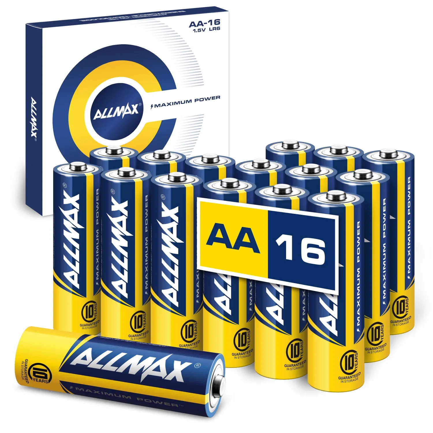 Allmax AA Maximum Power Alkaline Double A Batteries (16 Count) – Ultra Long-Lasting, 10-Year Shelf Life, Leakproof Design, Maximum Performance – 1.5V