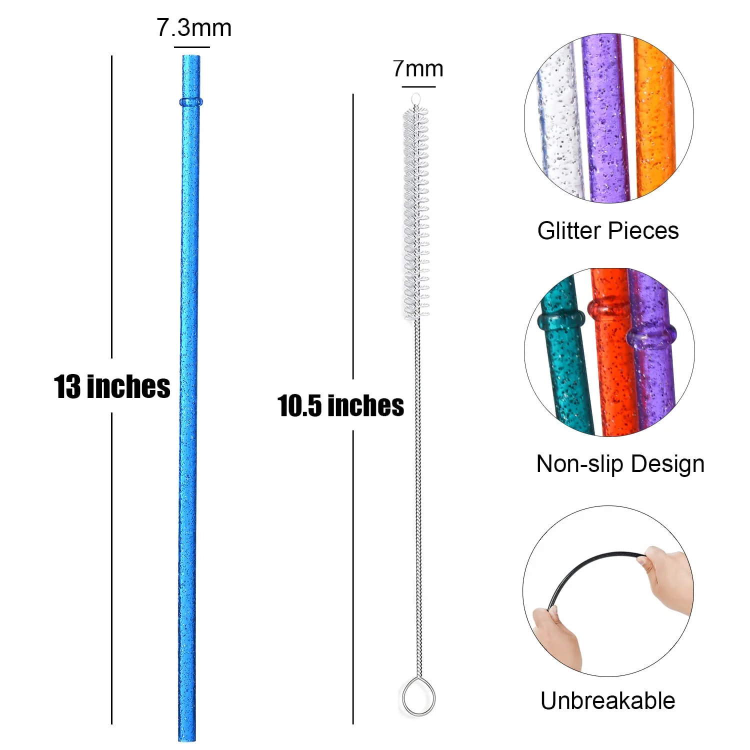 ALINK 12-Pack Reusable Clear Plastic Glitter Straws, 13 inch Extra Long Tumbler Straws for Stanley Cups, 1 Gallon, 64 oz 40 oz 32 oz Water Bottles, Plus Cleaning Brush