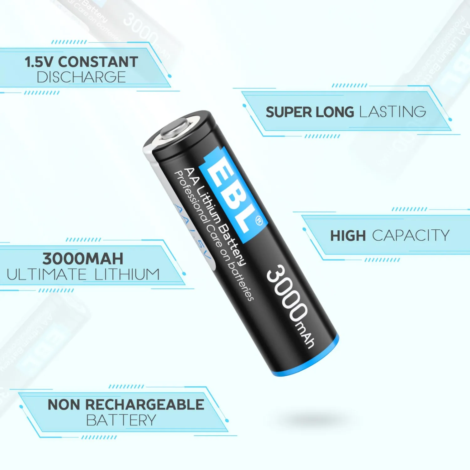 EBL 4 Pack 3000mAh 1.5V Lithium AA Batteries - High Performance Constant Volt Double A Battery for High-Tech Devices (Non-Rechargeable Batteries)