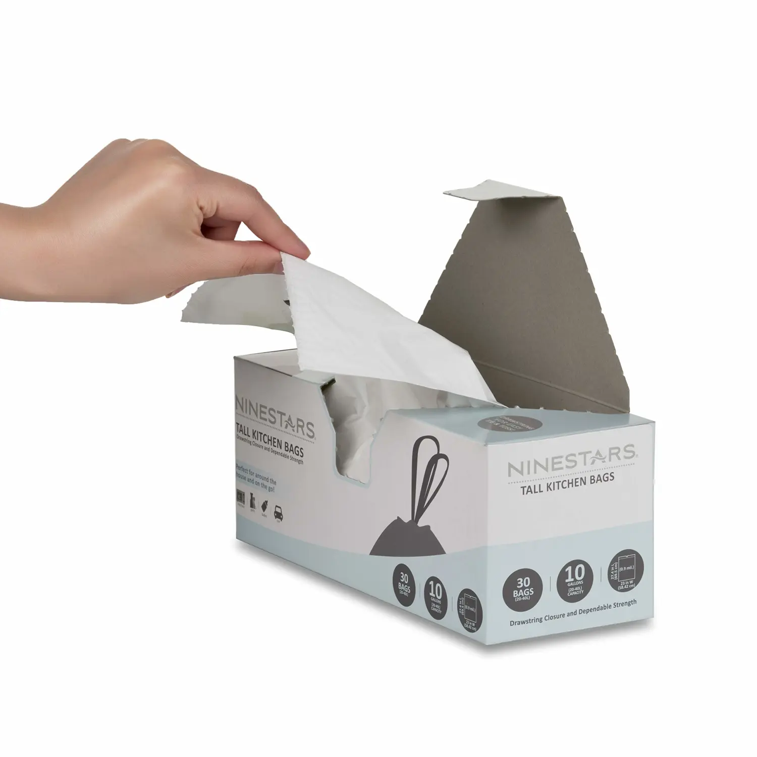 NINESTARS NSTB-10-30 Extra Strong White Trash Bag w/Drawstring Closure, 10 Gal. / 40 L., 30 count