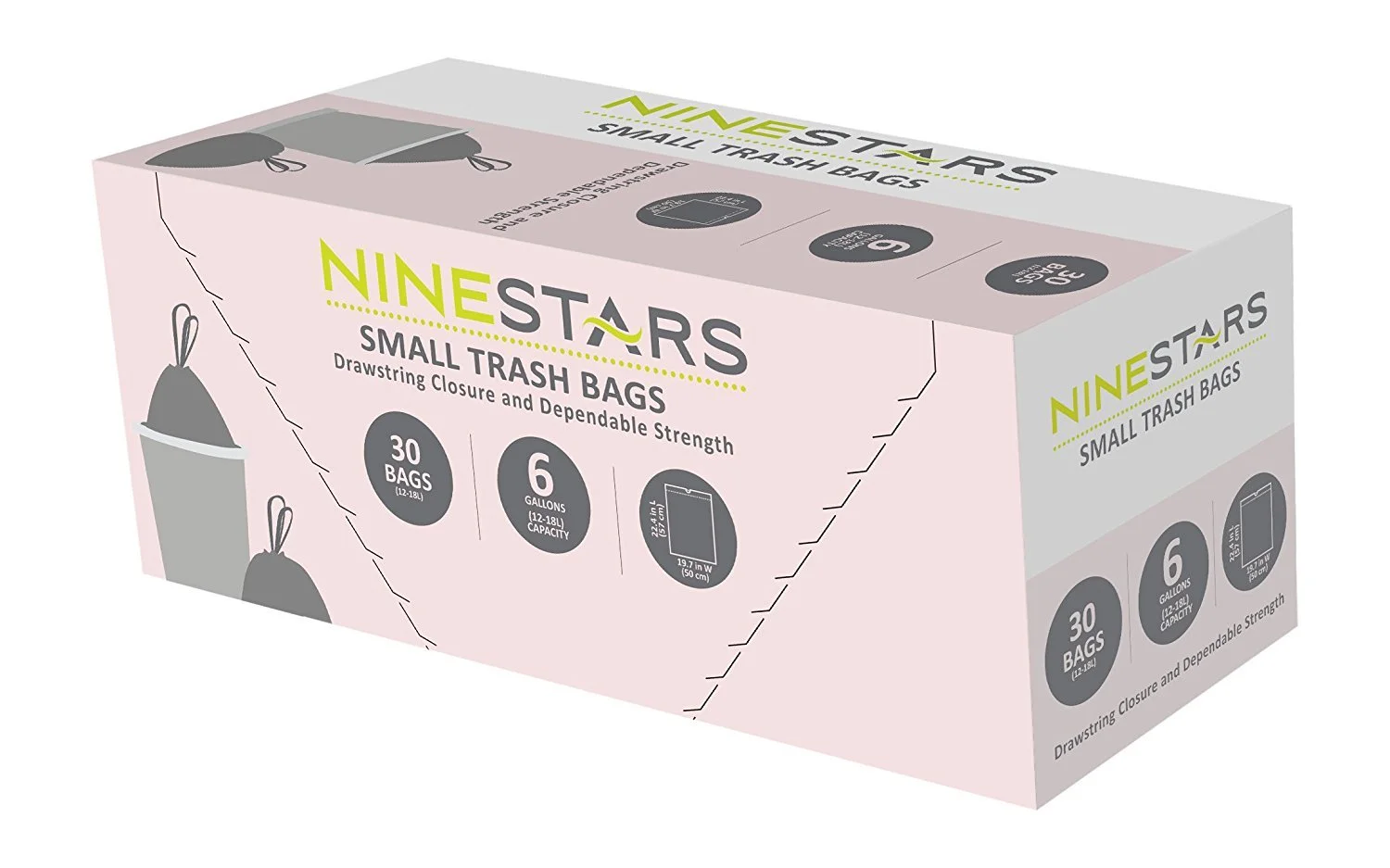 NINESTARS NSTB-6-30 Extra Strong White Trash Bag w/Drawstring Closure, 6 Gal. / 20 L., 30 Count