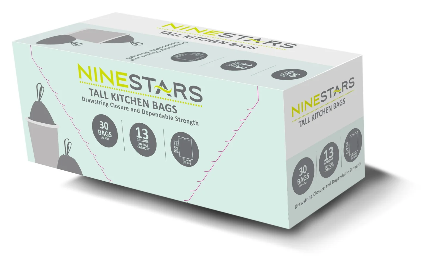 NINESTARS NSTB-13-30 Extra Strong White Trash Bag w/Drawstring Closure, 13 Gal. / 49 L., 30 count, Packaging may vary