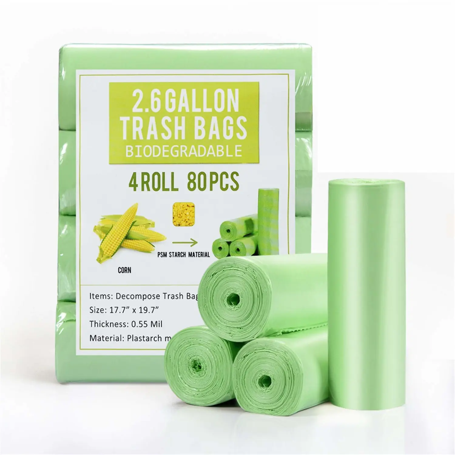 Small Garbage Bags 2.6 Gallon Biodegradable Trash Bags for Bathroom Office, Recycling Eco-Friendly Trash Can Liner with Strong Tear & Leak Resistant, Green, 80 Cts