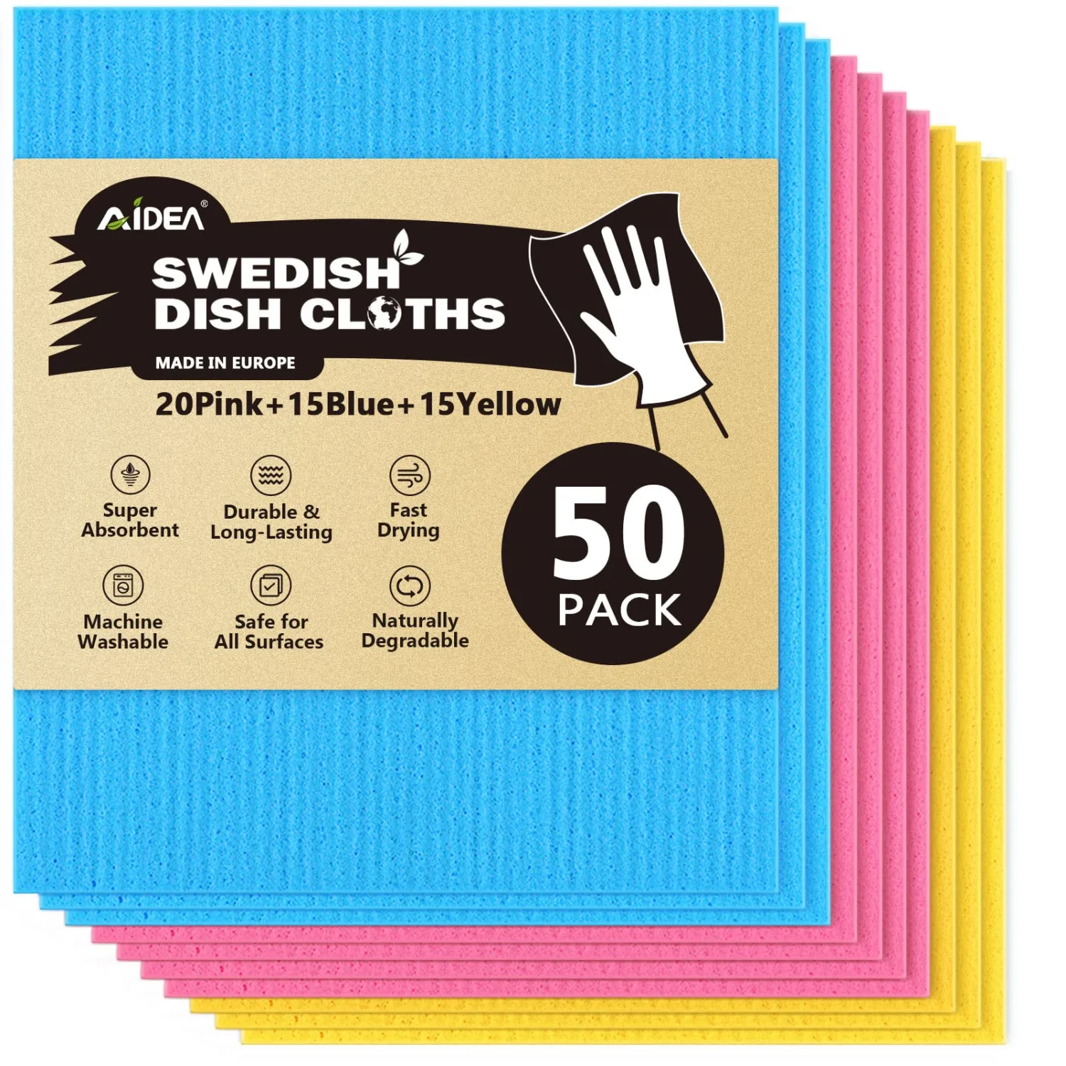 AIDEA Dish Cloth Swedish - Pack of 50, Cellulose Sponge Cloths, Absorbent Friendly Reusable Dish Rags, Dishcloths for Kitchen, and Dish Rag - 7" x 9"