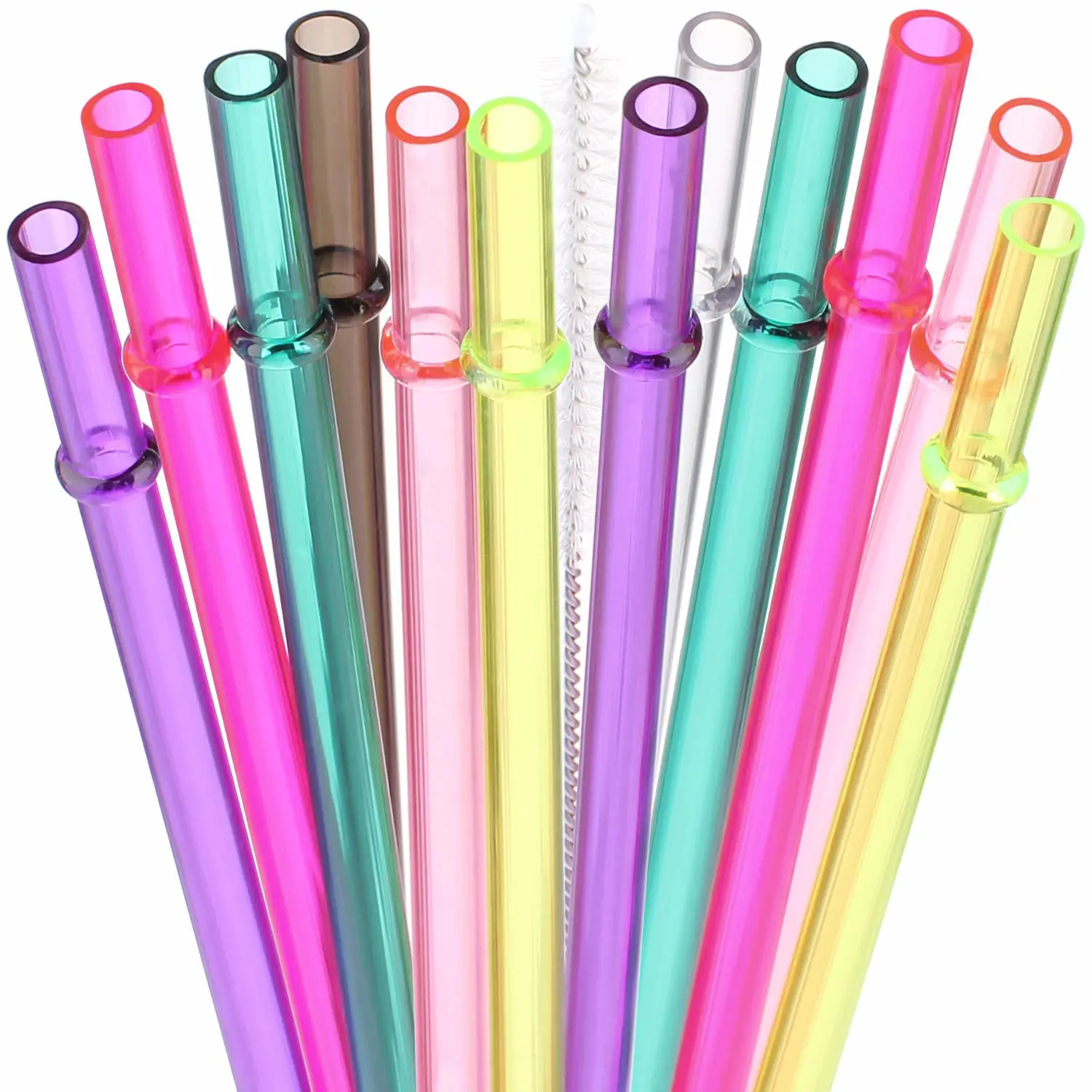 Dakoufish 9" Long Reusable Tritan Replacement Drinking Straws for 12 oz 16 oz Mason Jar,Tumblers, Set of 12 with Cleaning Brush (9inch,7color)