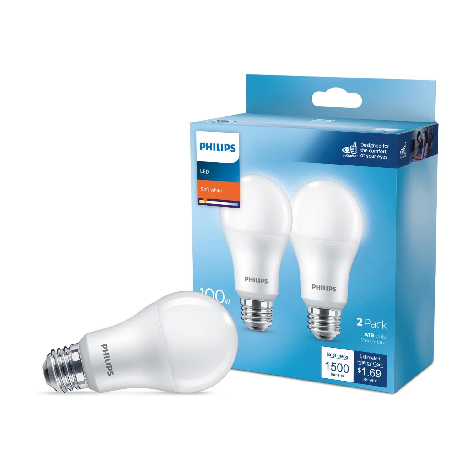Philips LED Basic Frosted Non-Dimmable A19 Light Bulb - EyeComfort Technology - 800 Lumen - Soft White (2700K) - 10W=60W - E26 Base - Indoor - 4-Pack